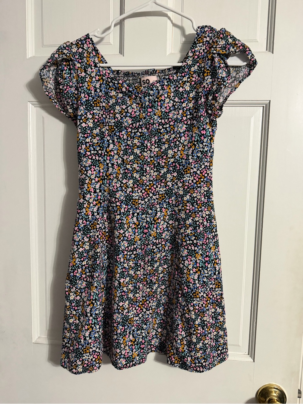 SO Navy Floral Puff-Sleeve Girls Dress - Multi